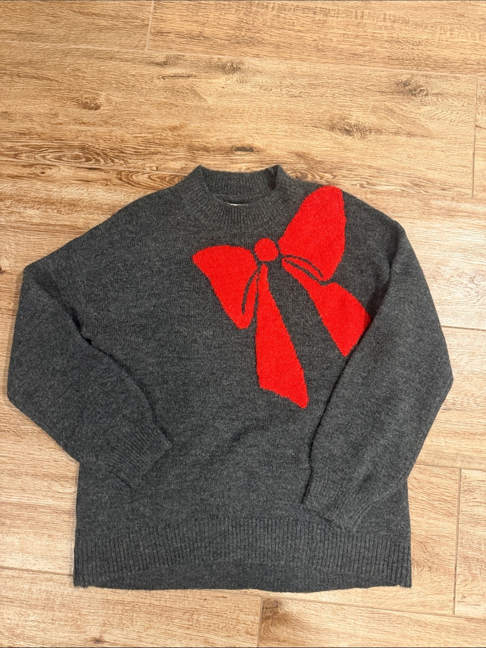 LOFT Charcoal Crewneck Sweater with Red Bow Motif